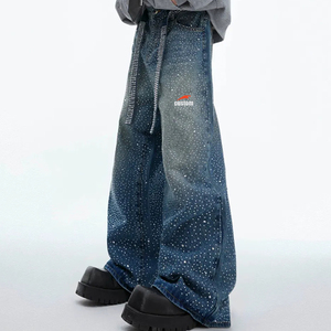 Jeans Baggy da Uomo all'Ingrosso, <span class=keywords><strong>Pantaloni</strong></span> in Denim Lavaggio Acido, Effetto Consumato con Glitter e Strass, Jeans Dritti Larghi - Product Image 4