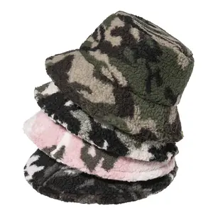 批发高品质保暖迷彩夏尔巴帽子羊毛帽檐蓬松水桶帽冬季仿毛皮水桶帽