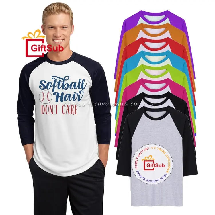 Custom Logo Men Women Youth Long Sleeve Raglan Baseball T Shirts Polyester Cotton Feel Sublimation 3/4 Sleeves Raglan Shirts