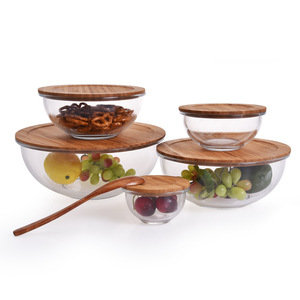 Eco-friendly Meal Prep Airtight Glass Food Bowl <b>Containers</b> Glass Salad Bowl With <b>Bamboo</b> Wooden Lid - Product Image 1