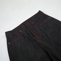 Celana Denim Pria Warna Primer Model Ruched Gaya Retro Amerika Bordir Bunga Benang Merah Gaya Netral Panjang Lutut Potongan Lurus