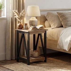 Wood And <b>Iron</b> Side <b>Table</b> With Shelf Farmhouse Style Coffee <b>Table</b> For Living Room - Product Image 2