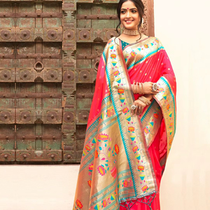 Soft Pethani Silk <b>Saree</b> with Zari and Meenakari Design Stunning Pallu Meenakari Border Tassels Party Wear <b>Blouse</b> for Women - Product Image 1