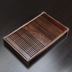 Bandeja de té de madera maciza con drenaje y almacenamiento de agua para juego de té Kung Fu, diseño plano con patrón de orquídeas - Product Image 1