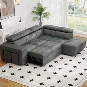 جلد على الطراز الأوروبي منجد على شكل حرف L قابل للسحب غرفة معيشة حديثة من الخارج ، مع التخزين - Product Image 2