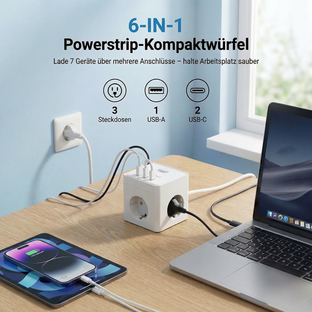 E-SUN Power Cube Socket 1 USB a 2 Type-C Ports 3 AC Outlets EU Plug Commercial Use 16A CE 100-250V Extension Socket