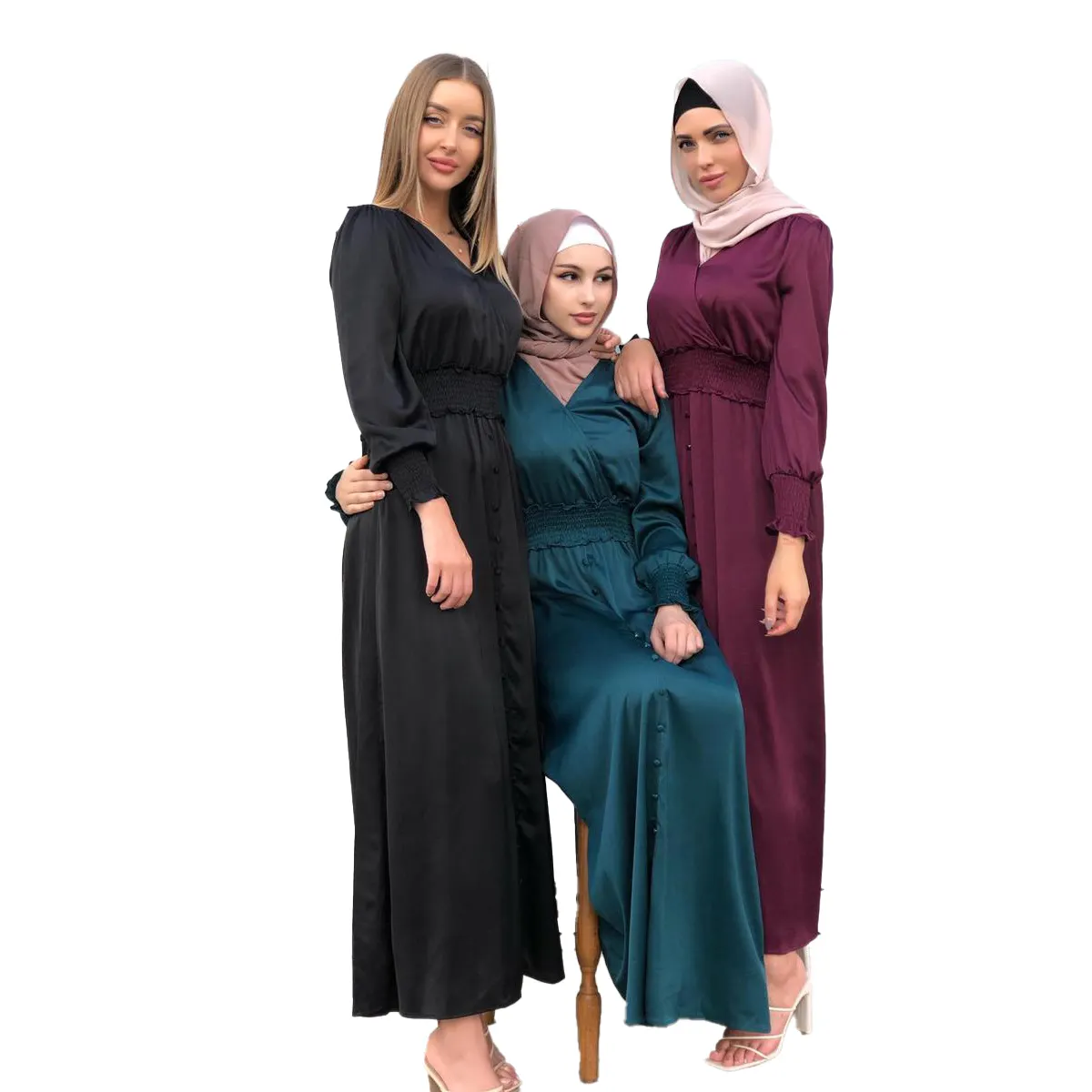 MOTIVE FORCE-vestido largo musulmán para mujer, vestido liso de satén verde oscuro Abaya Dubái islámico con Hijab