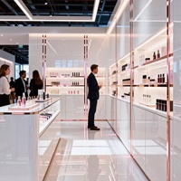 Vitrine de présentation de parfums de luxe en or rose avec éclairage LED, écologique, robuste, incurvée, multi-niveaux, taille personnalisable