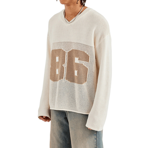 Maillot de football universitaire en maille ajourée pour homme, à col ras du cou, manches longues, en coton fin, avec logo personnalisé et épaules tombantes - Product Image 2