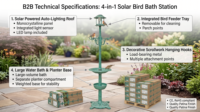Station de bain solaire 5-en-1 pour oiseaux avec crochets d'alimentation, base de jardinière, écologique, résistant à la rouille, piédestal en résine vertigrine antique