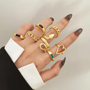 VKME-Ensemble d'anneaux de chaîne bohème plaqué or pour femmes, bijoux de mode bohème avec cœur de serpent 2022