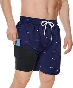 Men's Navy <b>Fish</b> Print Board Shorts Mid Waist Quick Dry With Pockets Drawstring Casual Short Length - Product Image 1