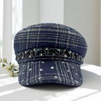 Gorras de Estilo Newsboy a Cuadros Azul Marino al por Mayor, con Pedrería Brillante, para Fiestas y Conciertos, para Chicas