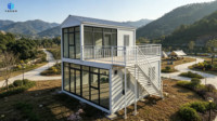 Conteneur plat de 20 pieds, maison préfabriquée modulaire à deux étages, bureau, hôtel, villa moderne avec grandes fenêtres en verre