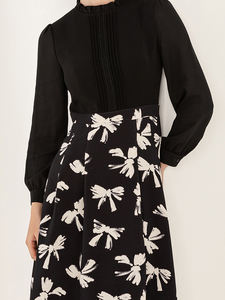 Abito Midi da Donna Primavera Autunno <span class=keywords><strong>Bianco</strong></span> e <span class=keywords><strong>Nero</strong></span> <span class=keywords><strong>con</strong></span> Stampa a Fiocco, Cerniere, Vita Naturale e <span class=keywords><strong>Colletto</strong></span> a Volant per Ufficio e Casual - Product Image 5