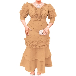 ชุดเดรสทรงหางปลาประดับเพชรแบบสลิมคอวีแขนพองสไตล์แอฟริกันสำหรับผู้หญิง - Product Image 3