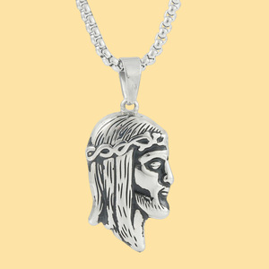 Stainless Steel Jesus Face Pendant With <b>Chain</b> 3.0*60cm Square Pearl <b>Chain</b> <b>Silver</b> Gold Fashion Necklace For Men And Women - Product Image 1