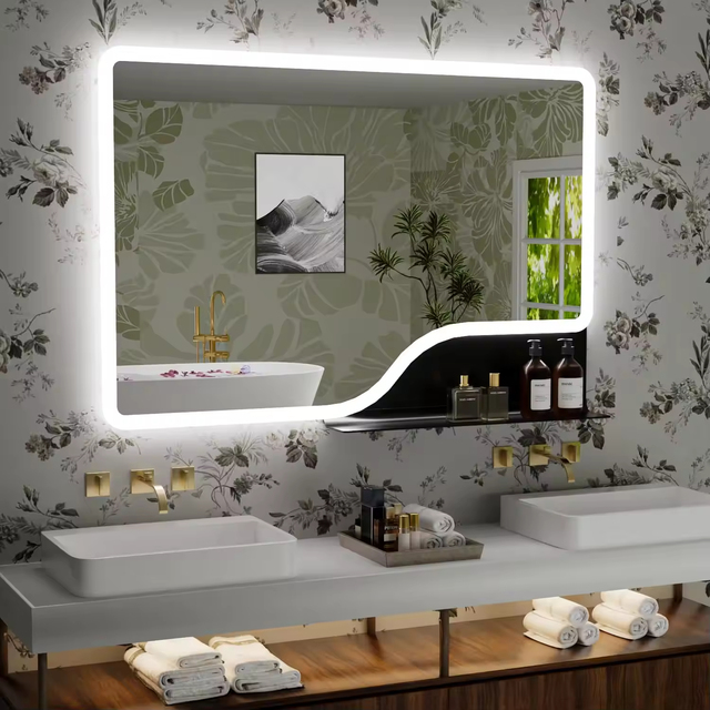 LED Bathroom Mirror with Shelf 3 Colors Backlit Vanity Mirror with Lights Wall-Mounted Large Bathroom Smart Mirror