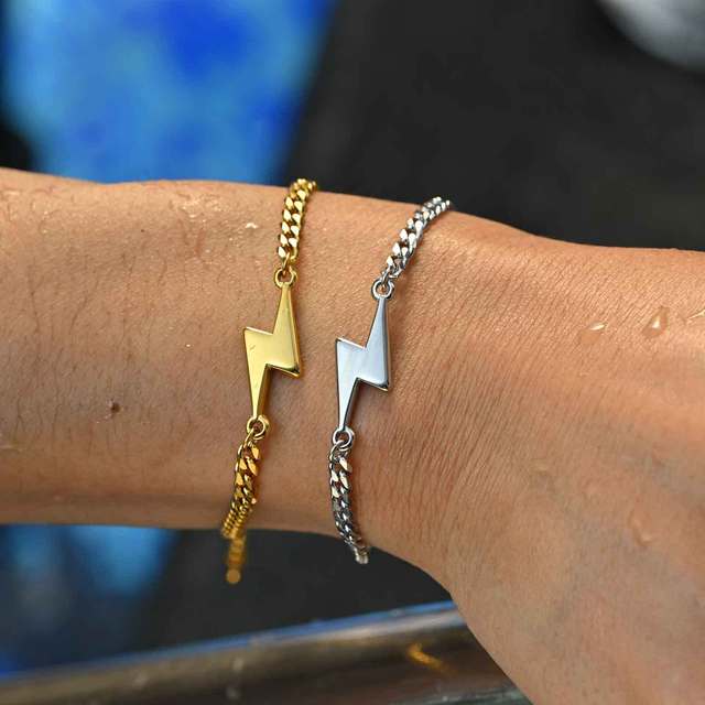 Custom Lightning Bolt Chain Bracelet Faceted Six-Sided Link Design Stainless Steel Unisex Couple Jewelry in Steel Color