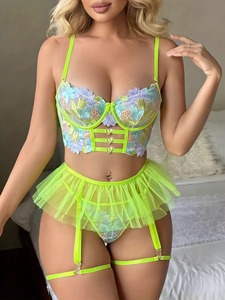 Ensemble de lingerie brodée florale vert forêt pour femmes matures, string transparent, lingerie sexy pour jeunes filles et jeunes filles rondes - Product Image 2