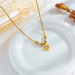 European American Style <b>Titanium</b> Steel Tree Of Life Heart Pendant Gold Plated Beaded <b>Chain</b> Necklace Everyday Wear - Product Image 2