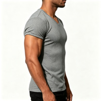 T-shirt en coton uni à col en V pour homme, léger, respirant, extensible, tricot côtelé, tee-shirt musculaire pour la musculation, l'entraînement et le quotidien