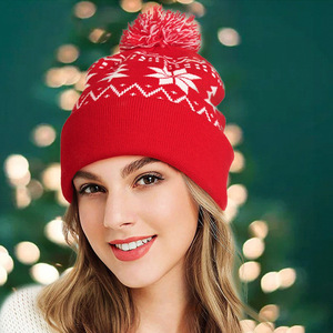 Thời Trang Jacquard Đan Bán Buôn Giáng Sinh Bông Tuyết Biểu Tượng Tùy Chỉnh Mùa Đông <span class=keywords><strong>Hat</strong></span> Với Pom Pom - Product Image 1