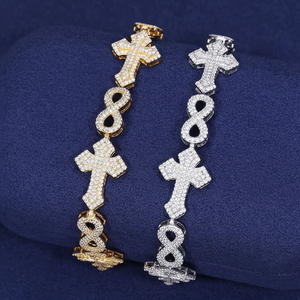 HipHop Rappeur Iced Out Infinity Cross Bracelet Bicolore Argent 925 Moissanite Baguette Diamant Cubain Lien Bracelet pour Homme - Product Image 1