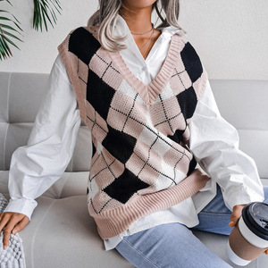 الخريف والشتاء نمط الكلية المعين V الرقبة عارضة فضفاض متماسكة سترة ملابس نسائية - Product Image 2