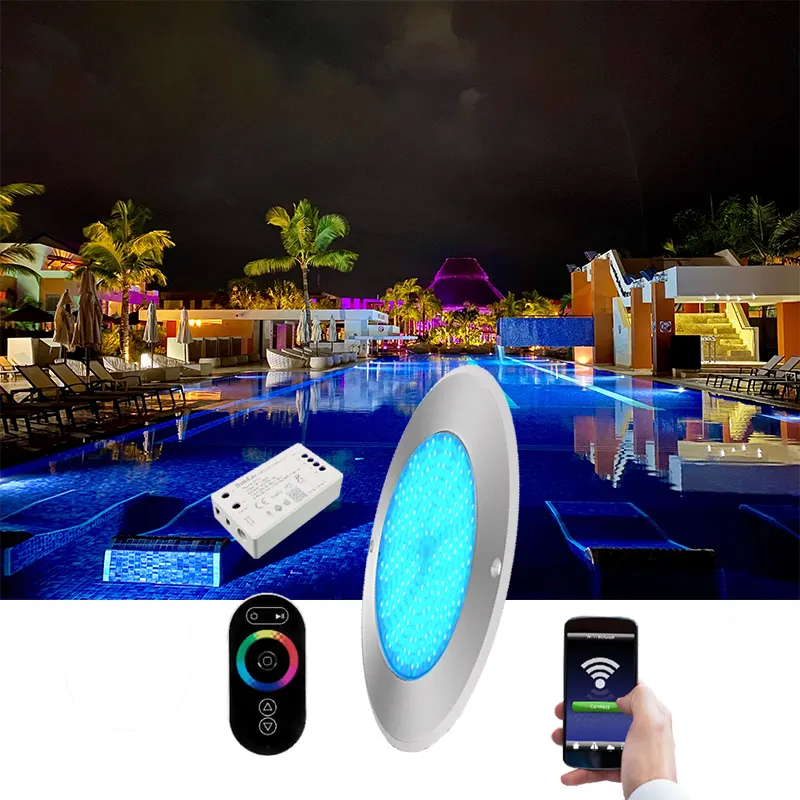 Baobiao 35 Watt Slim Thép Không Gỉ 2 Dây Nhựa Đầy RGB Hồ Bơi Đèn IP68 LED Bề Mặt Gắn Dưới Nước Không Dây