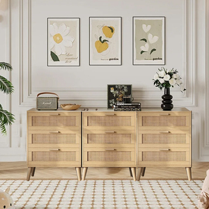 Table d'appoint moderne en bois massif d'extérieur avec rotin et fer, 2 tiroirs pour meuble de chevet - Product Image 4