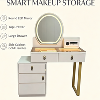 Table de maquillage professionnelle personnalisée avec éclairage LED, miroir tactile ovale, armoire latérale multi-tiroirs, bureau de maquillage