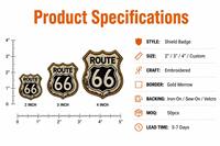 Écusson brodé vintage Route 66 personnalisé, effet vieilli, forme bouclier, souvenir autoroute américaine, badge Velcro pour veste de motard et jean