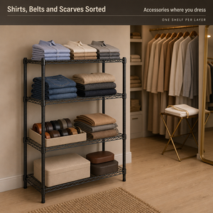 Organizzatore per Armadio a 4 Ripiani, Scaffale in Filo Metallico Nero, Montaggio Senza Attrezzi, Unità Metallica per Camera da Letto - Product Image 3