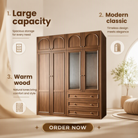 Armoire intégrée classique moderne, du sol au plafond, texture bois, avec portes vitrées et tiroirs multi-niveaux