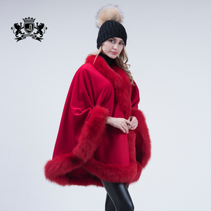 Janefur Wholesale Warm 100% Wool Women <strong>Black</strong> <strong>Shawl</strong> Rea; fox Fur Trim Pashmina <strong>Shawl</strong> - Product Image 3