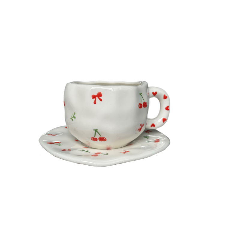 Assiette 16cm et tasse 300ml, motif nœud cerise blanche.