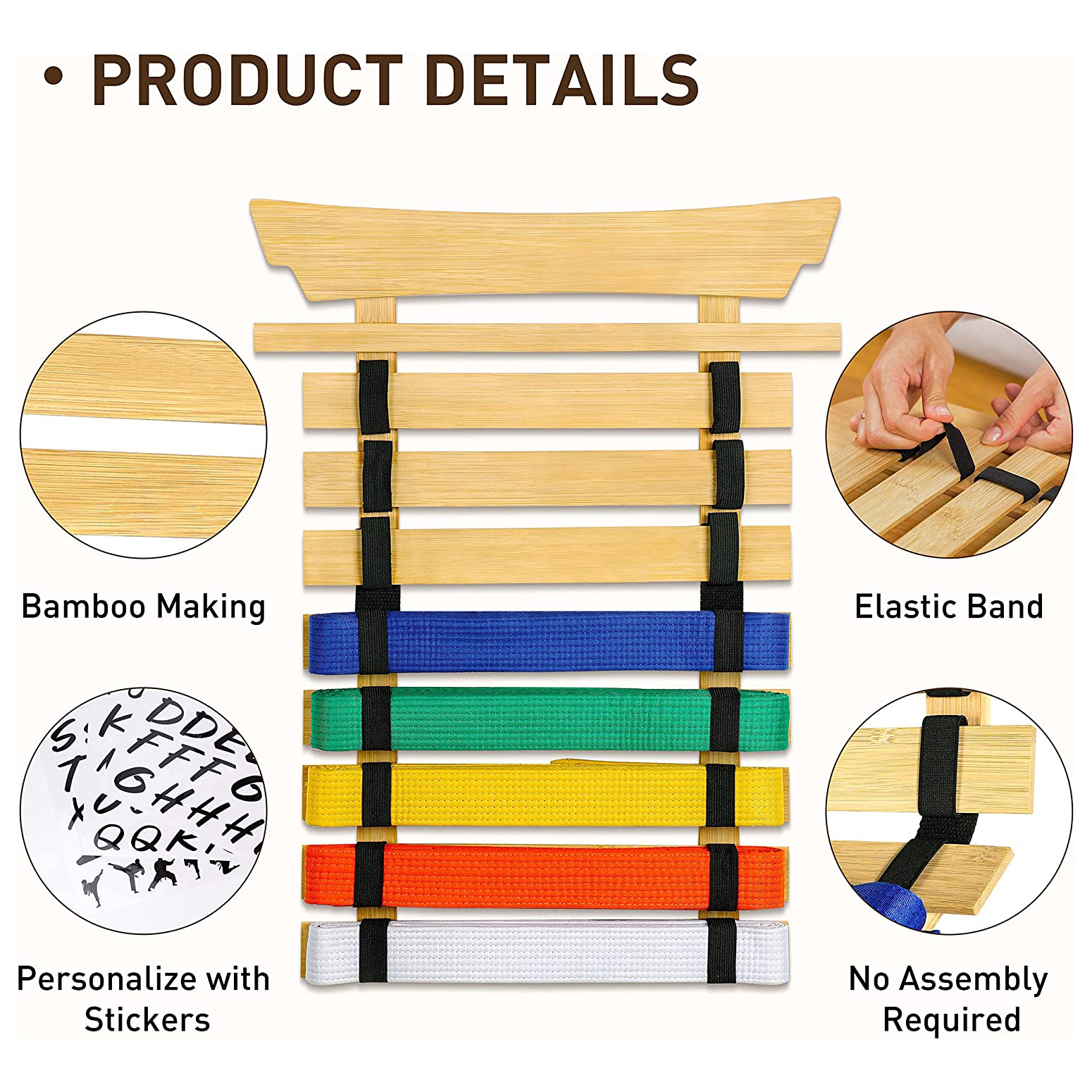 Custom Wall Mounted Pine Wood Display Stand Bamboo Karate Belt Display Rack for Belt Holder — view 3