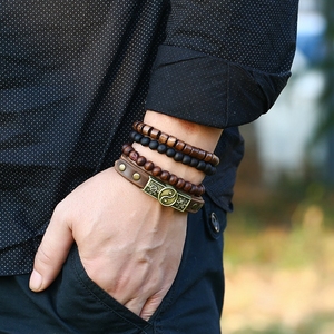 Punk Bois Perles Hommes Multi Couche Réglable Wrap En Cuir Véritable Charme <span class=keywords><strong>Yin</strong></span> <span class=keywords><strong>Yang</strong></span> Bracelet Ensemble Bijoux - Product Image 2