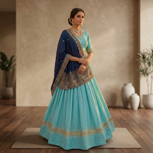 Lehenga Choli Tradicional Azul Cielo para Mujer con Conjunto de Dupatta Azul Marino Profusamente Bordado para Bodas y Festivales Indios - Product Image 3