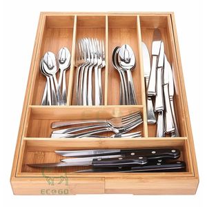 Plateau à couverts en bambou écologique, style farmhouse, multi-compartiments, pour tiroir de cuisine, organiseur de couverts, porte-vaisselle - Product Image 4