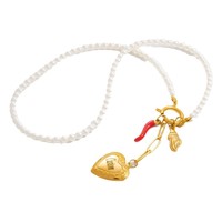 SUMMLY Collier Cœur en Perles Plaqué Or 18K avec Fermoir T-Bar, Bijou Vintage Porte-Bonheur pour Femme, Idéal Quotidien ou Cadeau de Fête