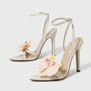 Sandalias de tacón de aguja con punta y adornos florales 3D para mujer al por mayor - Elegantes zapatos de tacón alto color albaricoque para fiesta - Product Image 5