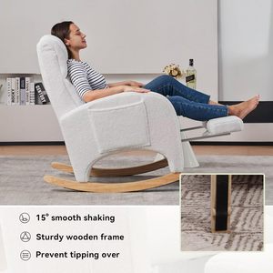 Rocking Chair Nursery, Modern Glider Chair with <strong>Adjustable</strong> <strong>Footrest</strong> and Solid Wood Legs, Teddy Ivory - Product Image 3