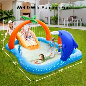 Inflatable Dolphin Water Play Center Kids Backyard Splash Pad with <b>Slide</b> & Sprinkler Outdoor Swimming <b>Pool</b> Toy - Product Image 6