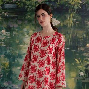 Women Red Floral Printed Cotton <b>Kurta</b> Loose Fit Ankle-Length Traditional <b>Indian</b> Pakistani Casual Wear - Product Image 1