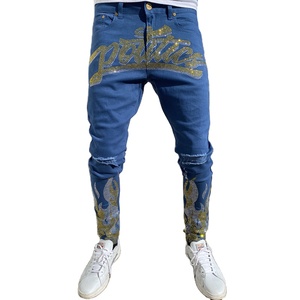 Pantalones Vaqueros DiZNEW Personalizados con Lavado Desgastado y Pedrería, Al Por Mayor, Elastano Más Suave, Corte Ajustado, Jeans para <span class=keywords><strong>Hombre</strong></span> - Product Image 1