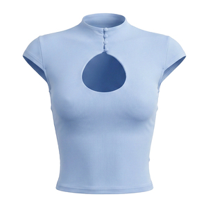 Viviblook J26TP207 T-shirt d'été pour femme, nouveau haut court uni à manches courtes et découpe sur la poitrine - Product Image 4
