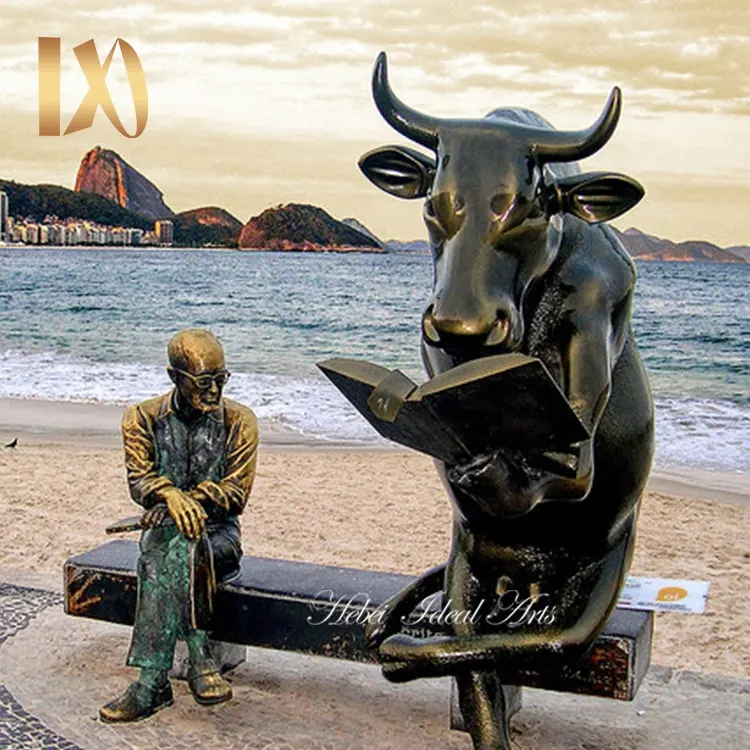 Estatua grande de bronce, estatua de toro en silla, estatua de bronce para hombre mayor y toro