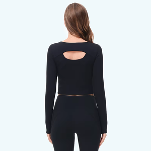 Kemeja Yoga lengan panjang elastis untuk wanita, kemeja nilon spandeks tahan bakteri tembus udara dengan desain leher rendah dan lubang jempol untuk wanita - Product Image 3